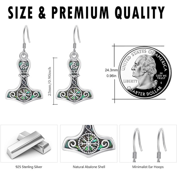 Viking Earrings Tree of Life 925 Sterling Silver Thor Hammer Compass Dangle Drop - Picture 5 of 7